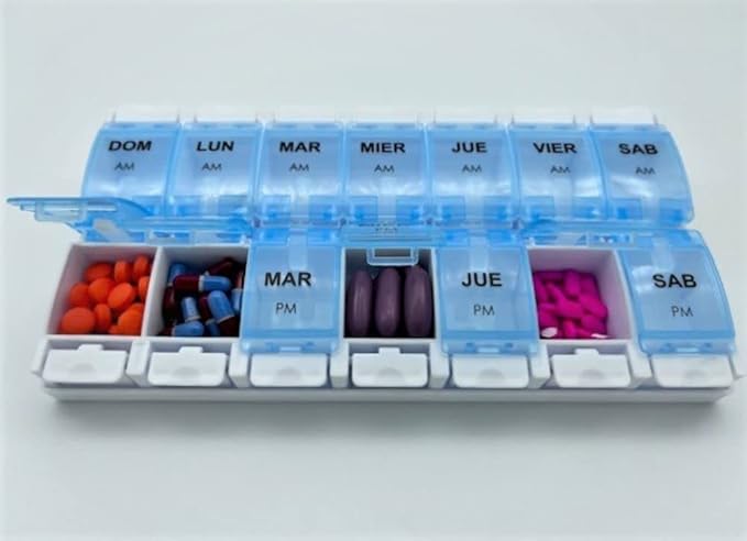 Healthaccessories Spanish pill box 7 day weekly two times per day AM PM (Large) Spanish pill box organizer (Blue)