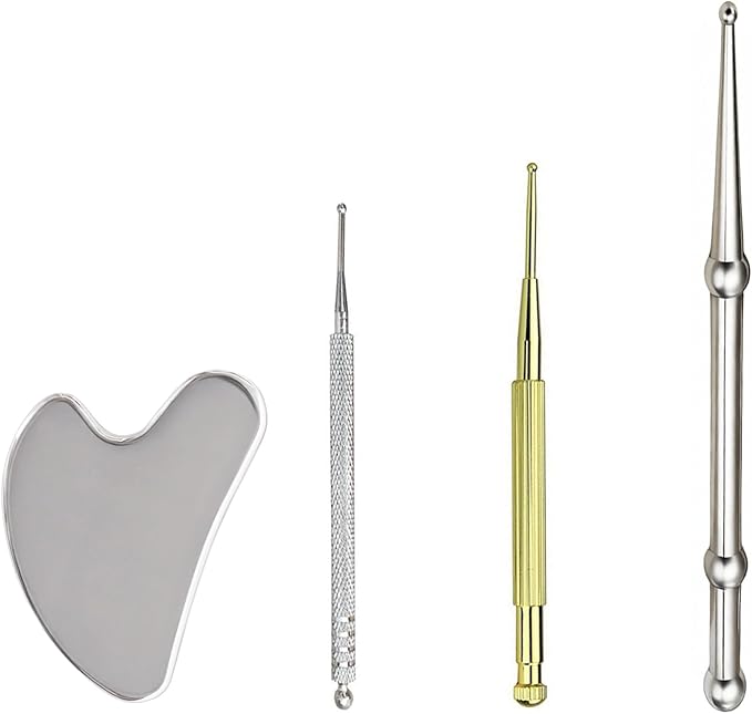 4Pieces Facial Reflexology Massage Tool，Stainless Steel Manual Acupuncture Pen with GuaSha Board， Double Headed Spring Loaded Ear and Body Point Probe Pen
