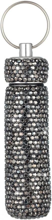Bling Rhinestone Pill Case Portable Waterproof Pocket Pill Holder Bottle Storage with Keychain for Travel, Outdoor, Camping (bright black)