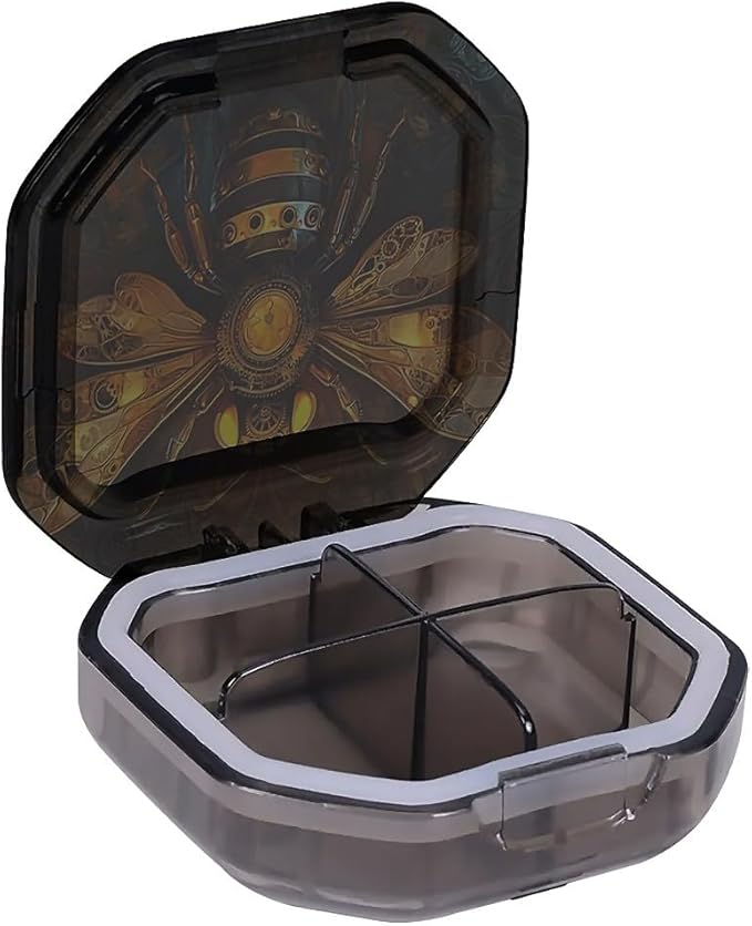 This Portable Mechanical Bee Pattern 4 Compartment Pill Box Can Be Placed in A Pocket Or Wallet to Store Vitamins, Medicines Health Supplements Other Medications.