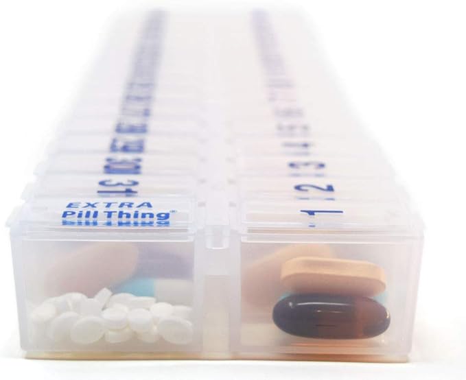 AM PM 31 Day Once-a Day Monthly Pill Planner Organizers - Large Compartment Pill Boxes Store Medications for Entire Month Plus Compartment for Extra Pills (AM/PM Clear & Blue) BPA Free