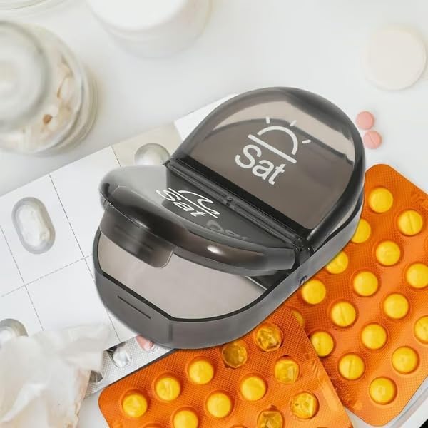 Portable Pill Organizer for Travel, 7-Day Pill Case with 14 Compartments, Pill Holder for Vitamins & Medication, Leak-Proof & Compact Design (Black Shell with Black Grid, 1PC)