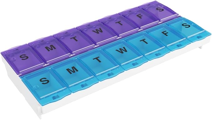 EZY DOSE Pill Organizer Weekly AM/PM (7-Day), Medicine Planner, Vitamin Case/Box, 2X-Large Locking Compartments to Secure Prescription and Prevent Accidental Spilling, Blue and Purple, BPA Free