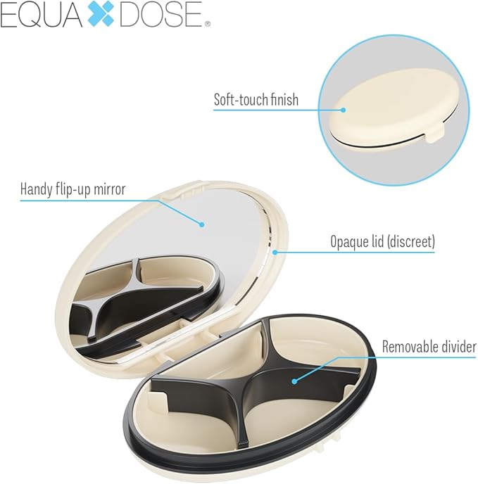 EQUADOSE Oval Compact Pill Case, Portable Organizer with Mirror, Travel Medication Holder with Removable Divider, Small Storage Case for Pills, Vitamins, Earbuds, Jewelry & Daily Essentials, Cream