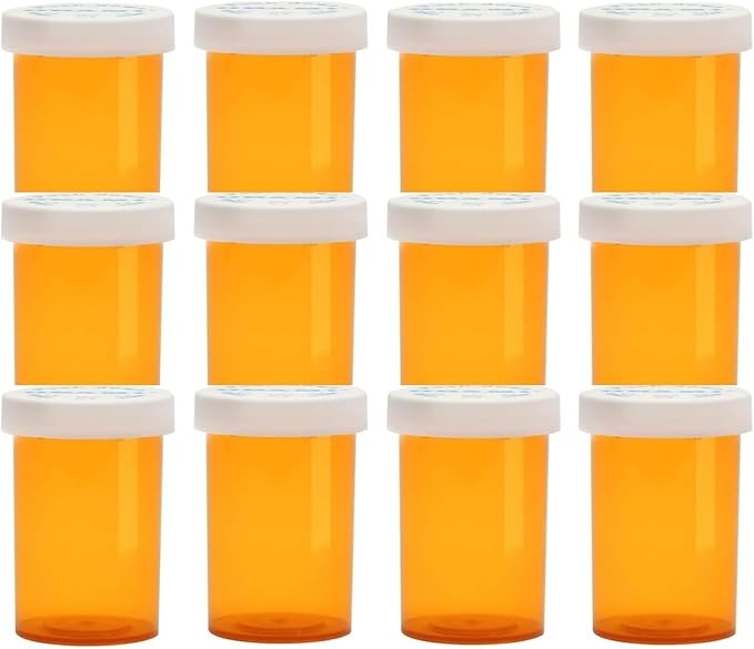 Empty Plastic Medicine Pill Bottles with Child Resistant Caps, 20 Dram Amber Plastic Vial Travel Pill Case Organizer, Pack of 12 (20 Dram)