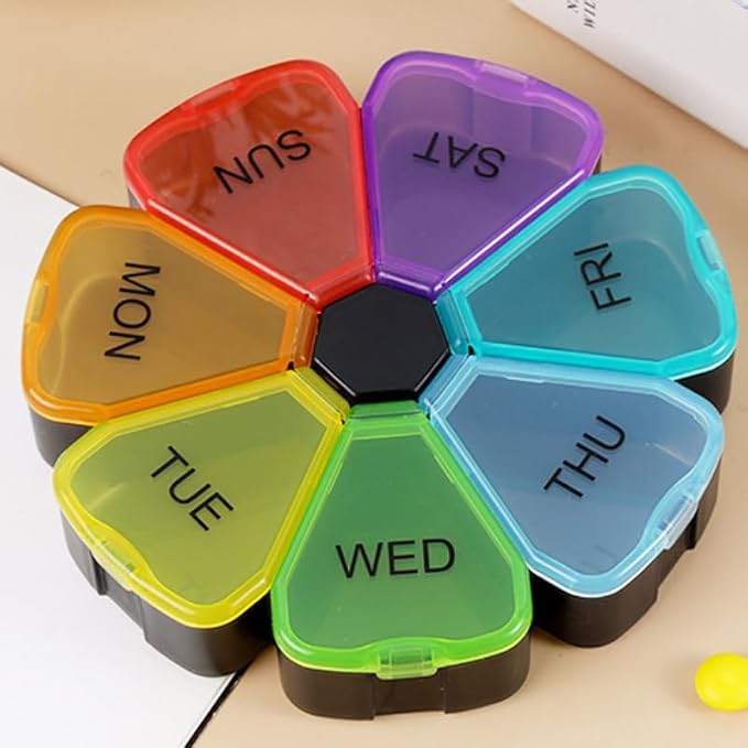 7 Day Pill Organizer, Circular Portable Pill Case with 7 Color-Coded Compartments, Transparent Petal-Shaped Weekly Pill Box for Vitamins, Supplements, Medication Colorful