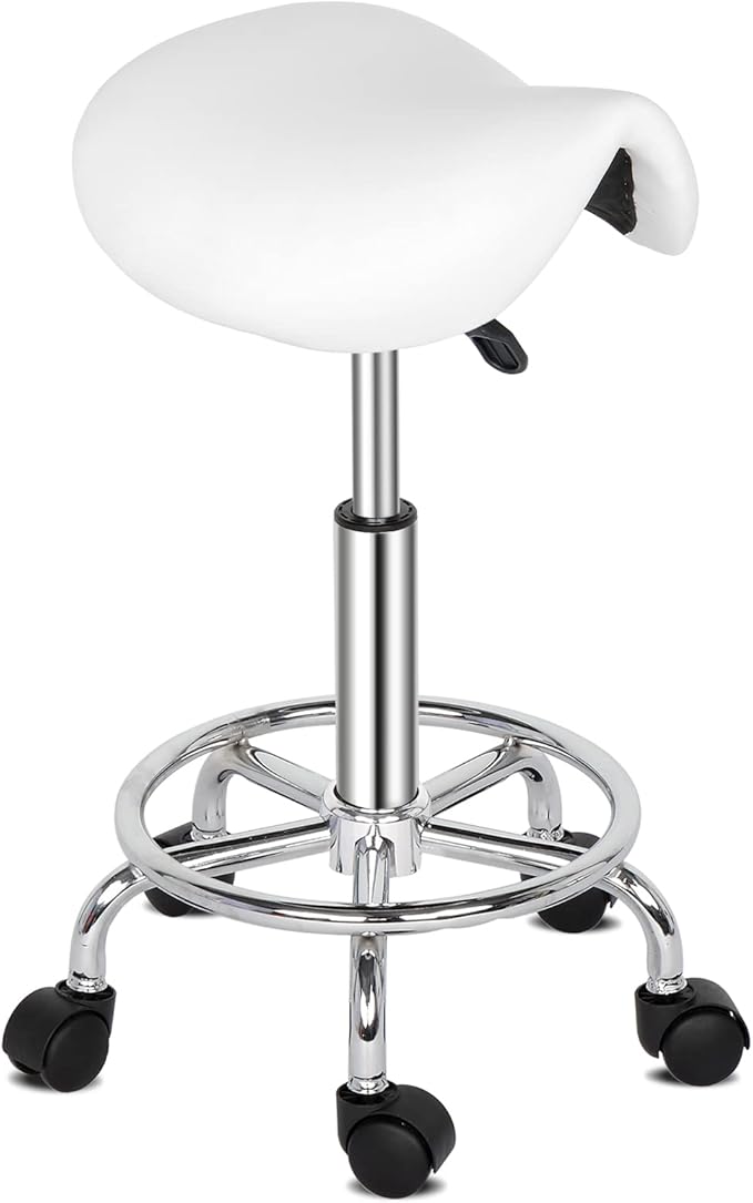 Modern Rolling Saddle Seat Stool Chair,PU Leather Swivel Adjustable Rolling Stools,Ergonomic Swivel Salon Spa Barstools,Office Drafting Chairs,with Wheels,for Home, Kitchen, Medical, Lab (White)