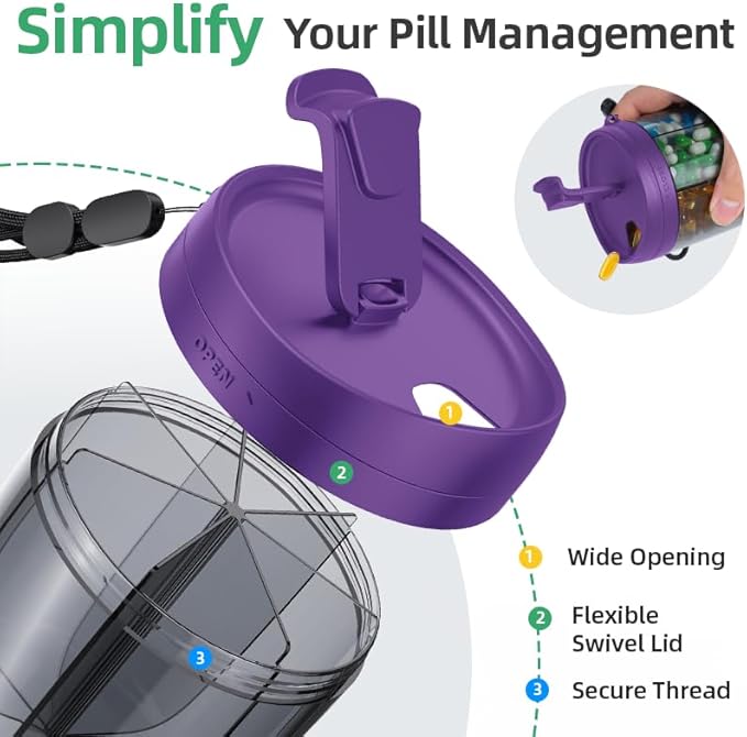 PULIV Portable Pill Dispenser Bottle, Vitamin Organizer with 7 Compartments, Holds Plenty of Supplements with Anti-Mixing & Wide Openings Design, Easy to Retrieve Meds, Includes 20 Labels Dark Purple
