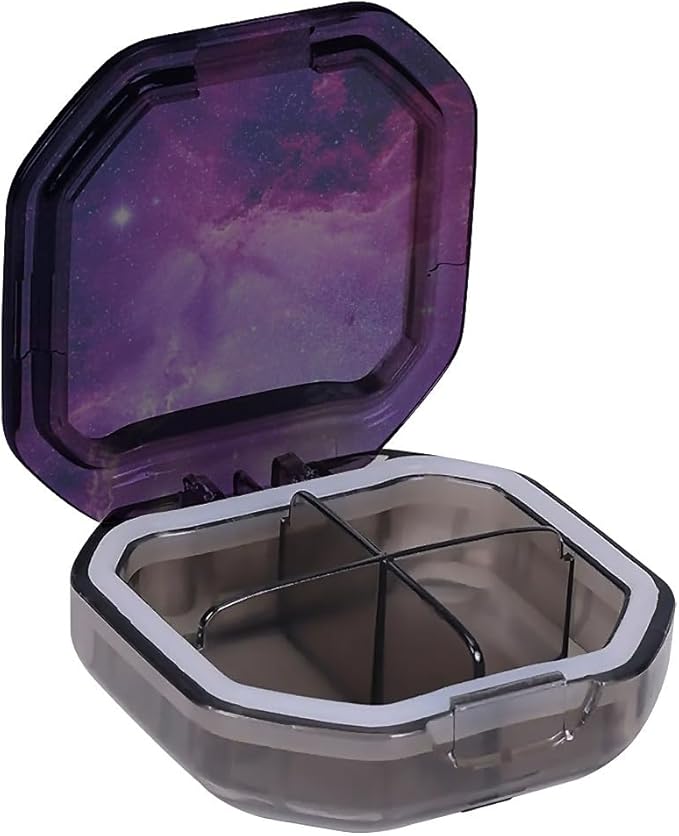This Portable Purple Nebula Starry Sky Pattern 4-Compartment Pillbox Can Be Placed in A Pocket Or Wallet to Store Vitamins, Medicines Fish Oil Health Supplements Other Medications.