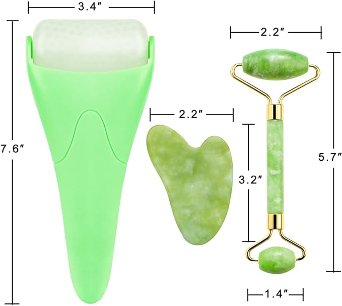 AECW 3-in-1 Natural Jade Roller and Gua Sha Set for Face and Eye Ice Roller Facial Cooling Massage Roller (Green Ice Roller + Jade Roller + Gua Sha)