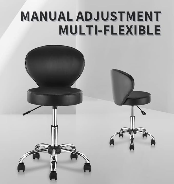 Adjustable Swivel Rolling Stool Chair with Backrest and Wheels, Multi-Purpose Office Desk Chair, Thick Seat Cushion for Home Bar Kitchen Shop, Black