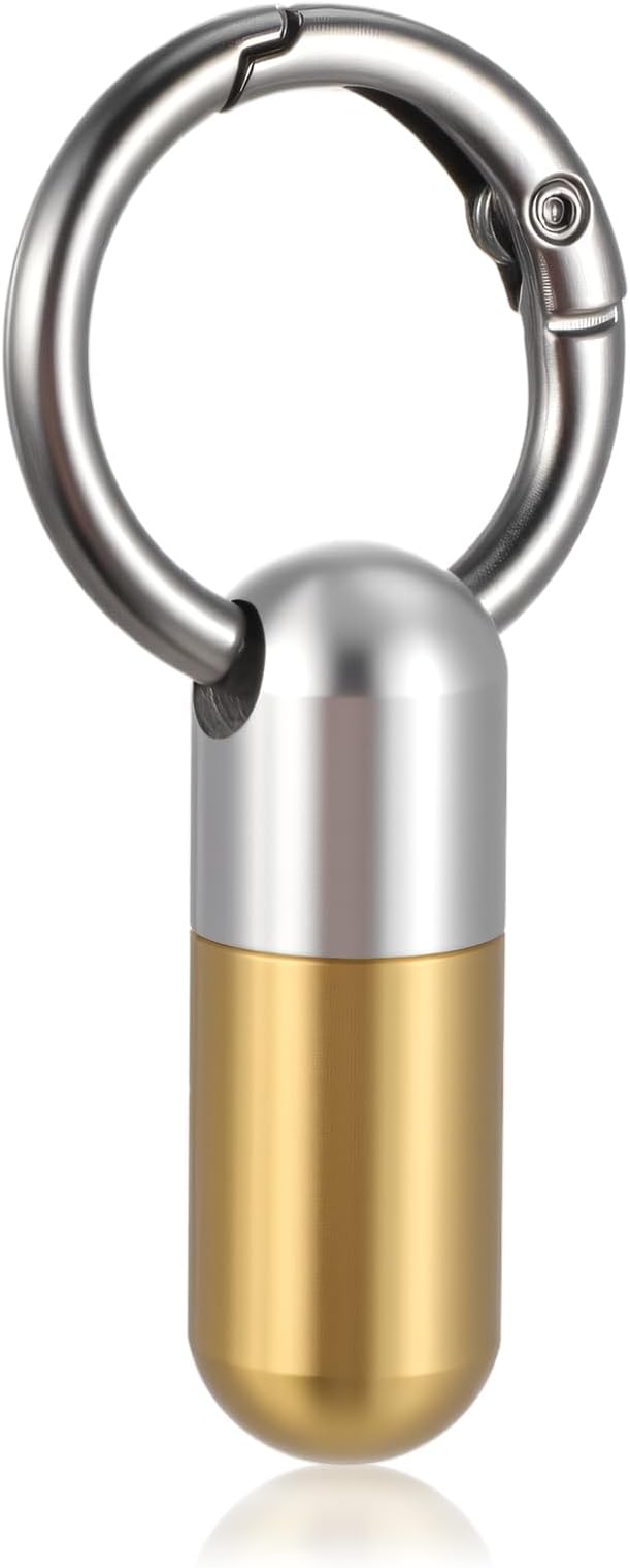 Small Pill Case Keychain Tiny Portable Carabiner Clip Pill Holder Bottle Micro Waterproof Metal Pill Container Mini Emergency Medicine Organizer (Gold and Silver)