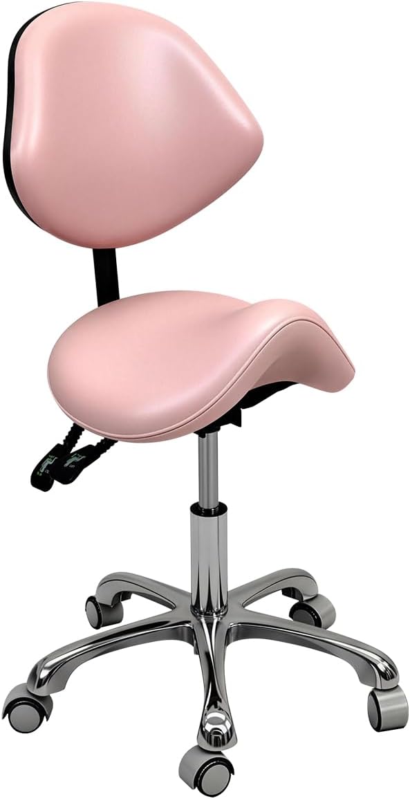 Saddle Stool Rolling Chair for Medical Massage Salon Kitchen Spa Drafting,Adjustable Hydraulic Stool with Wheels (Pink, with Backrest)