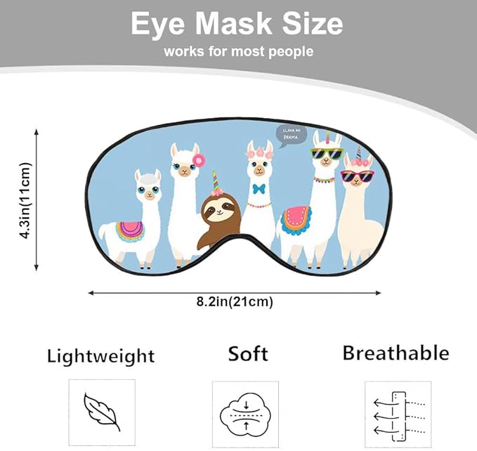 White Llamas Sleep Mask Eye Mask Alpaca Sloth Rainbow Glasses Llamas Cute Flowers Blue Sleep Mask Light Blocking Adjustable Smooth Soft Eye Masks for Women Deep Rest Travel
