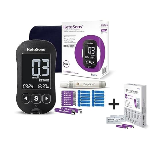 KetoSens Blood Ketone Monitoring System Set: Single Meter + 60 Ketone Test Strips, 10 Lancets (30G), 1 Lancing Device, 2 Batteries, a Instructions for Use, 1 Logbook, 1 Carrying Case