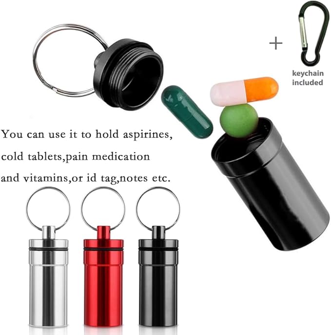 Aluminum Keychain Pill Box with Carabinieri，Air Tight Metal Pill Container，Waterproof Pill Organizers for Outdoor Camping，Travel