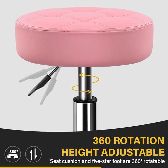 Heavy Duty Rolling Stool with Wheels Hydraulic Swivel Adjustable Rolling Stool Ergonomic Thick Leather Round Seat Stool Chair for Kitchen Drafting Lab Office Salon Message Stool – Pink