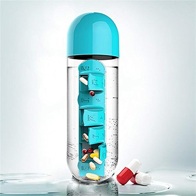 Weekly Pill Box & Water Bottle 7 Day Pill Case Portable Storage Pill Box of Daily Fill Medicine Separated Pill Cases Design, Blue
