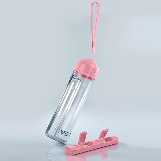 Synergy Water Bottle & Pill Organizer - Travel Storage Container for Water, Juice, Vitamins - Portable 7-Day Pillbox - for Outdoor, Gym, Travel - Easy Carry Strap - BPA Free Plastic - 400ml (Pink)