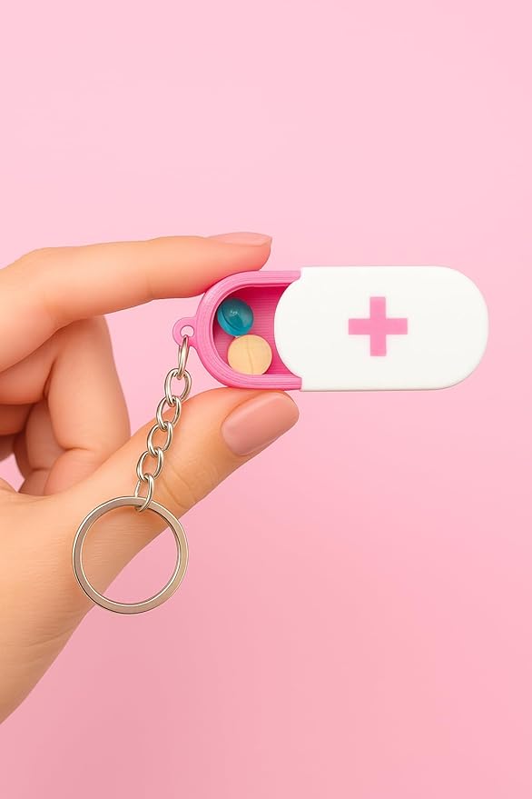 Keychain Pill Box Daily Medicine Carrying Tiny Keychain Vitamin Box (Pink)