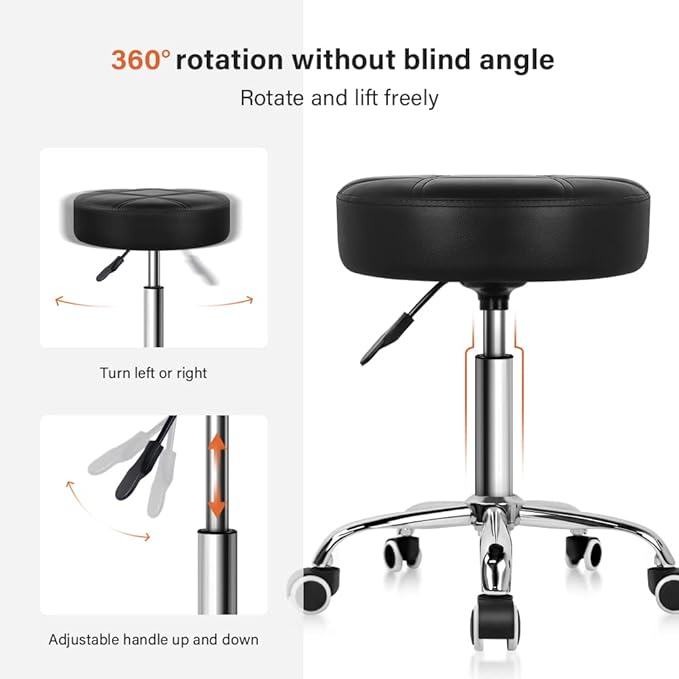 KKTONER Round Rolling Stool PU Leather Height Adjustable Swivel Drafting Work SPA Medical Salon Stools Chair with Wheels Black