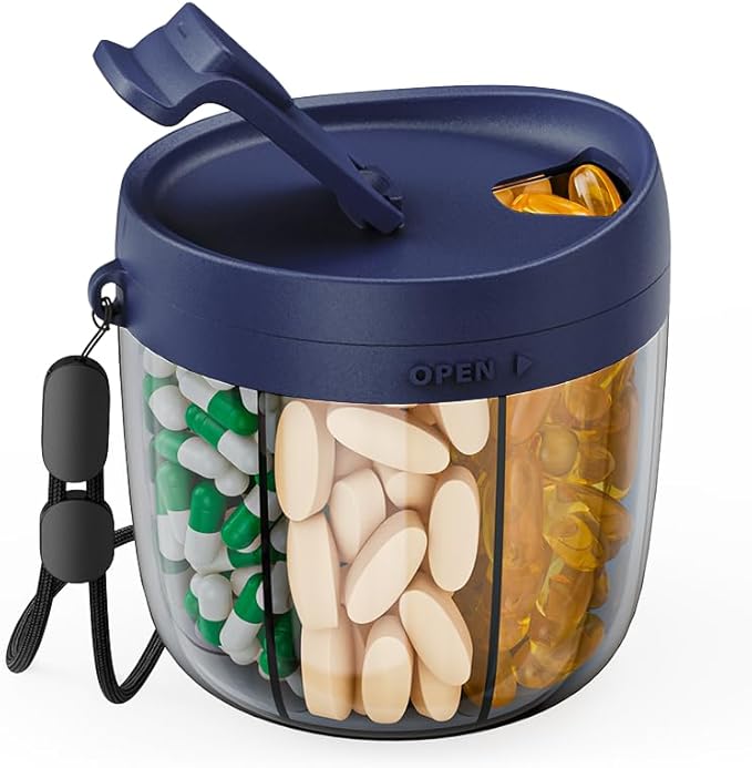 PULIV Portable Pill Dispenser Bottle, Vitamin Organizer with 7 Compartments, Holds Plenty of Supplements with Anti-Mixing & Wide Openings Design, Easy to Retrieve Meds, Includes 20 Labels Silver Gray