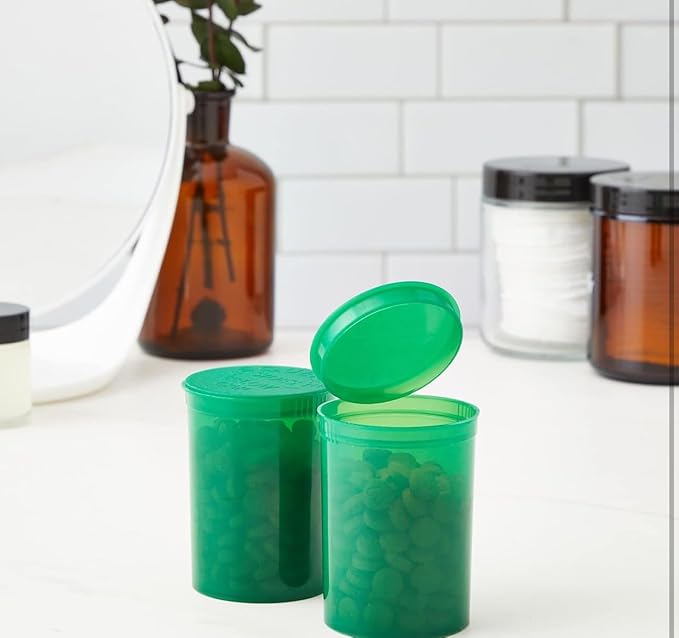 100Pcs Empty Pill Bottles with Caps, 13 Dram Empty Prescription Vial, Waterproof Airtight Joint Pill Bottles with Pop Top Caps, Medicine Container for Pill, Crafts, Candy, Supplements(Green)