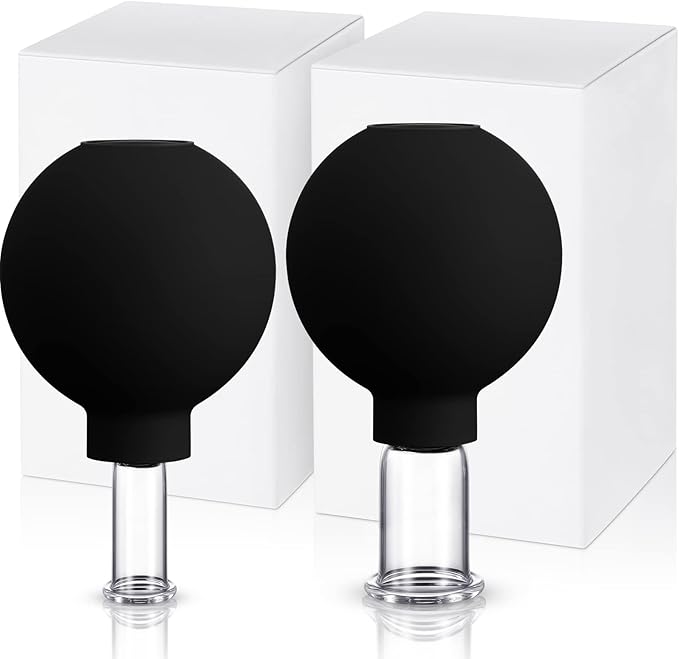 Nuanchu 2 Pieces Facial Cupping Set, Glass Cupping Cups Glass Silicone Cups Vacuum Suction for Face Skin Back Shoulder Muscle(1 Inch and 0.65 Inch Diameter,Black)