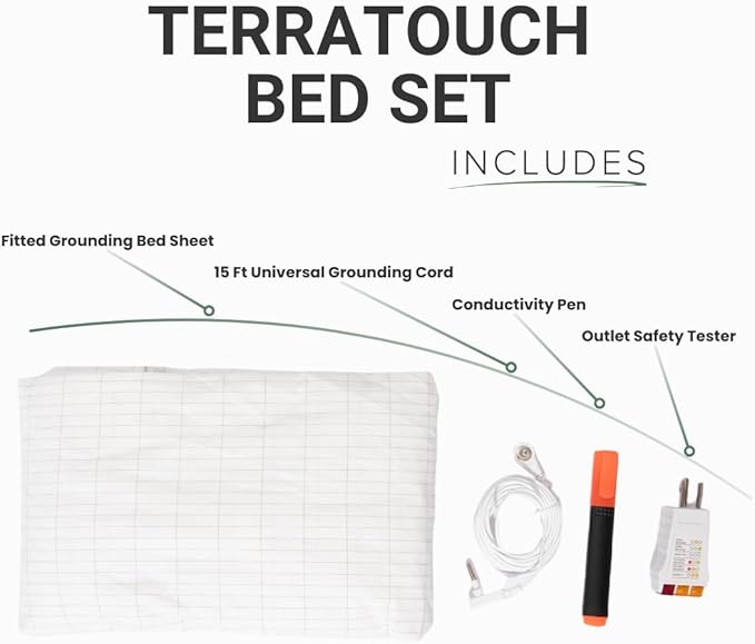 Organic Grounding Bed Sheet Kit – Fitted Earthing Sheet (95% Cotton, 5% Silver Fiber) with 15ft Cord, Safety Outlet Tester & Conductivity Pen – by TerraTouch (Desert Ivory, Full)