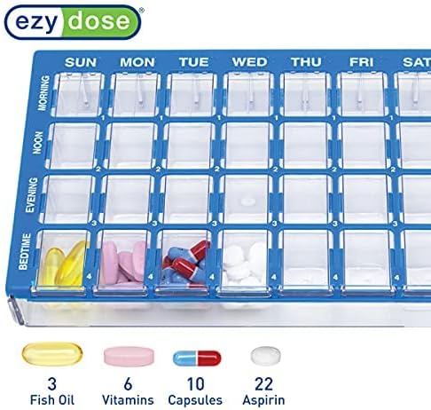 EZY DOSE 2 Pack Pharmadose 7-Day Pill, Medicine, Vitamin Organizer Box Case Weekly, 4 Times a Day, Medium Compartments Clear Lids (2 Pack - Random Colors)