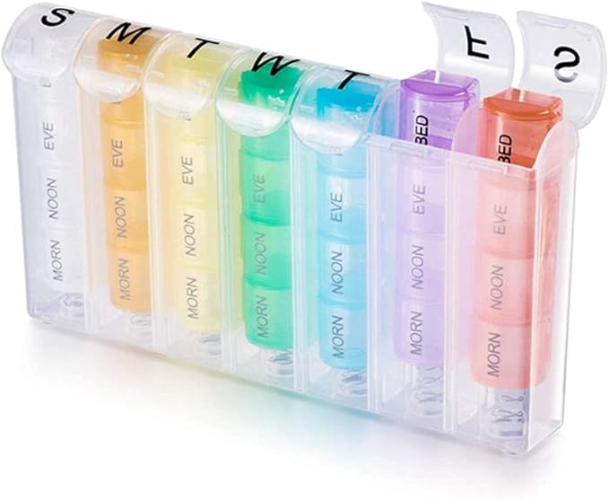 Extra Large Weekly Pill Organizer 4 Times a Day, 7 Day Pill Box, Daily Pill Case with 28 Compartments, Portable Travel Container for Fish Oils, Vitamins, Medication (Multicoloured)