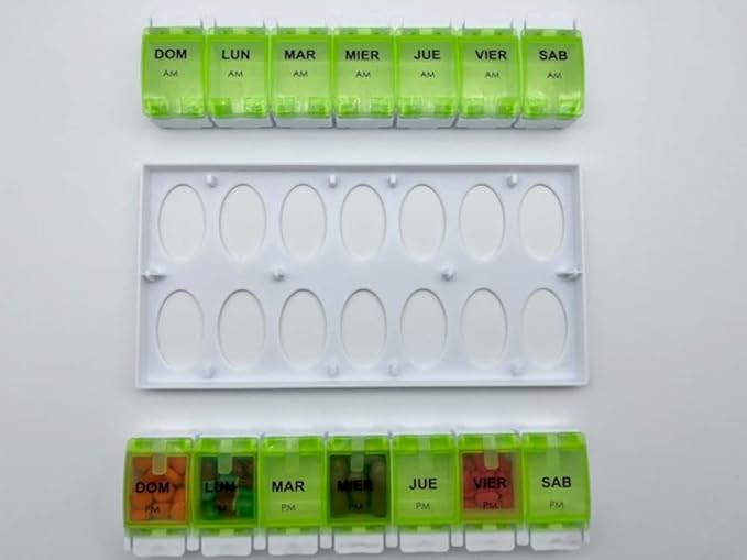 Spanish Pill Box 7 Day Weekly Two Times per Day AM PM (Large) Spanish Pill Box Organizer (Green)