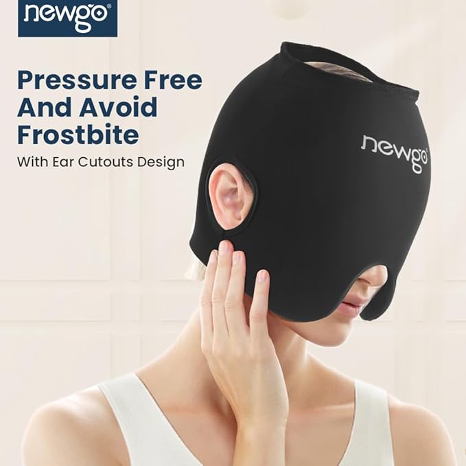 NEWGO Migraine Headache Relief Cap, Soft Head Ice Pack Wrap Migraine Gel Ice Cap with Full Coverage and Ear Outcuts for Tension Headaches