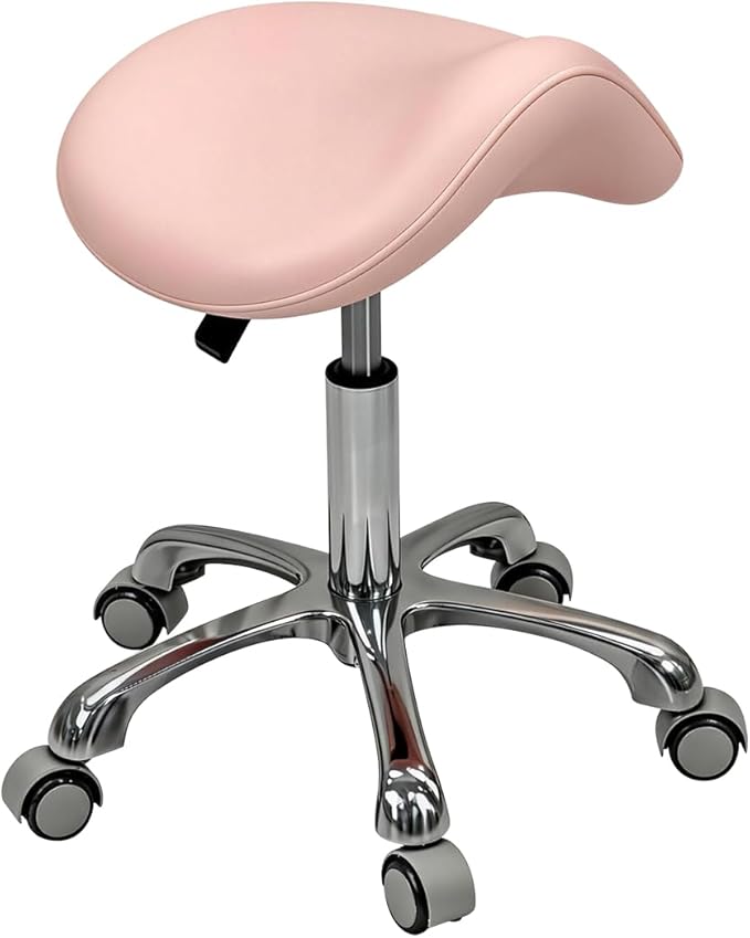 Saddle Stool Rolling Chair for Medical Massage Salon Kitchen Spa Drafting,Adjustable Hydraulic Stool with Wheels (Pink, Without Backrest)