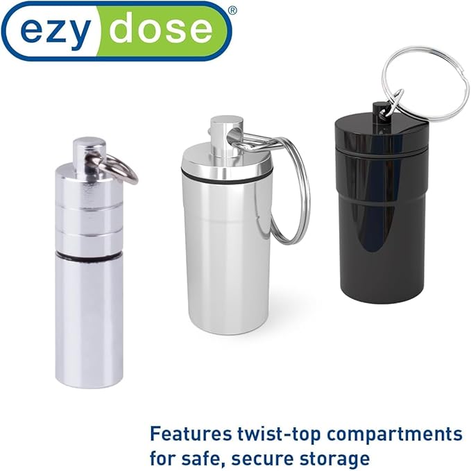 EZY DOSE Keychain Pill Box and Medicine, Vitamin Container, Safe for Money & Travel Items, Metal Canister, Single Small Pill Holder for Nitro Heart Pills, Small Compartments, BPA Free