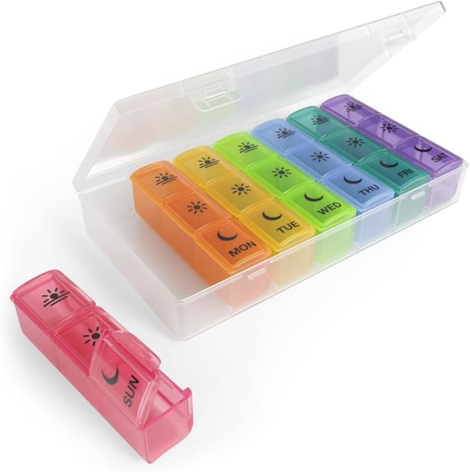Ezy Dose Weekly (7-Day) Pill Case, Medicine Planner, Vitamin Organizer Box, Convenient and Easy to Use, X-Large Pop-Out Compartments, 3 Times a Day, Rainbow Lids with Case, BPA Free
