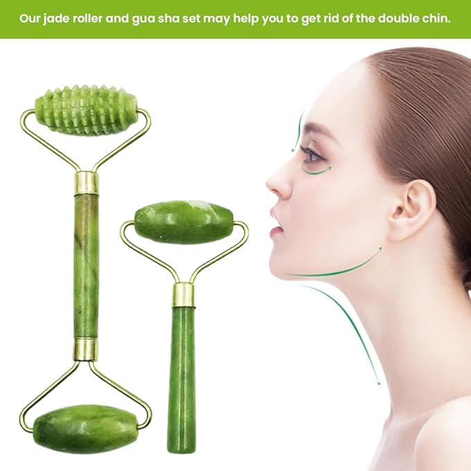 4-PCS Gua Sha Set, Skin Care Roller, Jade Roller Set, Face Stone Facial Roller Massage Tool for Face Eyes Neck Body, Smooth Wrinkles & Eye Puffiness(Green)