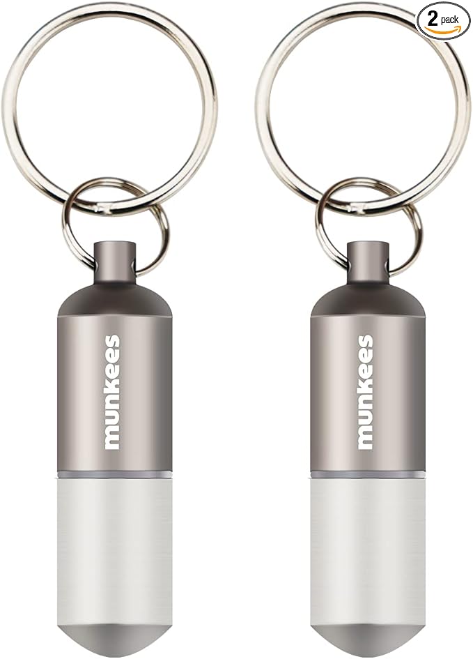 munkees Portable Pill Case Small Waterproof Capsules EDC Keychain, Travel Pill Bottle for Camping, Hiking, Backpacking, Compact Valuables Container for Outdoors 2-Pack