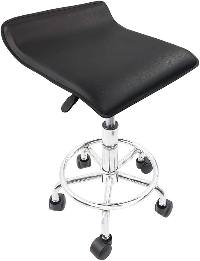 KKTONER Square Rolling Stool with Foot Rest 15.5" L*15.2" W PU Leather Height Adjustable Stool with Wheels for Spa Drafting Salon Tattoo Work Swivel Stool Chair (Black)