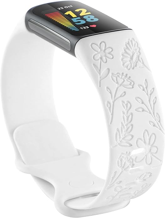 Flower Engraved Bands Compatible with Fitbit Charge 5 Band/Charge 6 Bands Women Cute Floral Engraving Soft Silicone Sport Strap Replacement Wristband for Fitbit Charge 5/6 Tracker Accessories