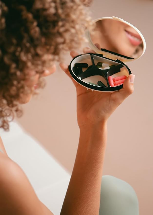 EQUADOSE Oval Compact Pill Case, Portable Organizer with Mirror, Travel Medication Holder with Removable Divider, Small Storage Case for Pills, Vitamins, Earbuds, Jewelry & Daily Essentials, Cream