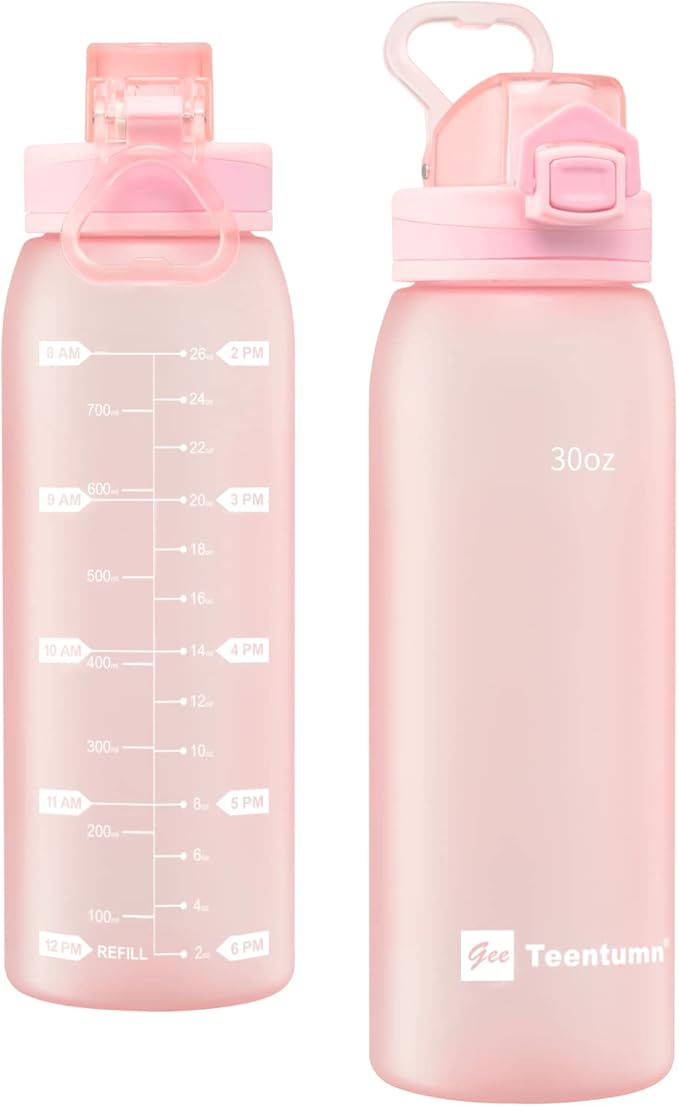30oz Water Bottle with Time Markers and Filter, BPA Free Large Durable Portable Plastic Bottle for school (Pack of 1)