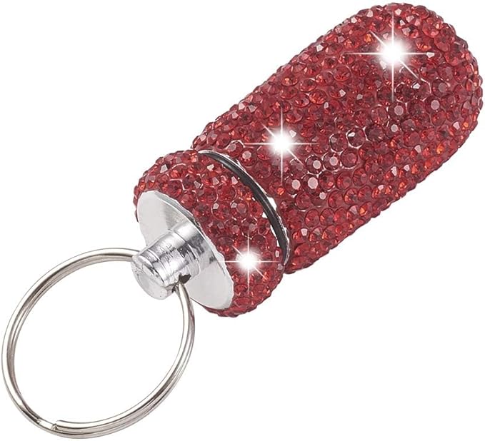 XhuangTech Waterproof Keychain Pill Box Bling Round Medicine Organizer Holder Container Aluminum Portable Mini Bottle Storage Case for Outdoor Travel Camping Purse Pocket (Red)