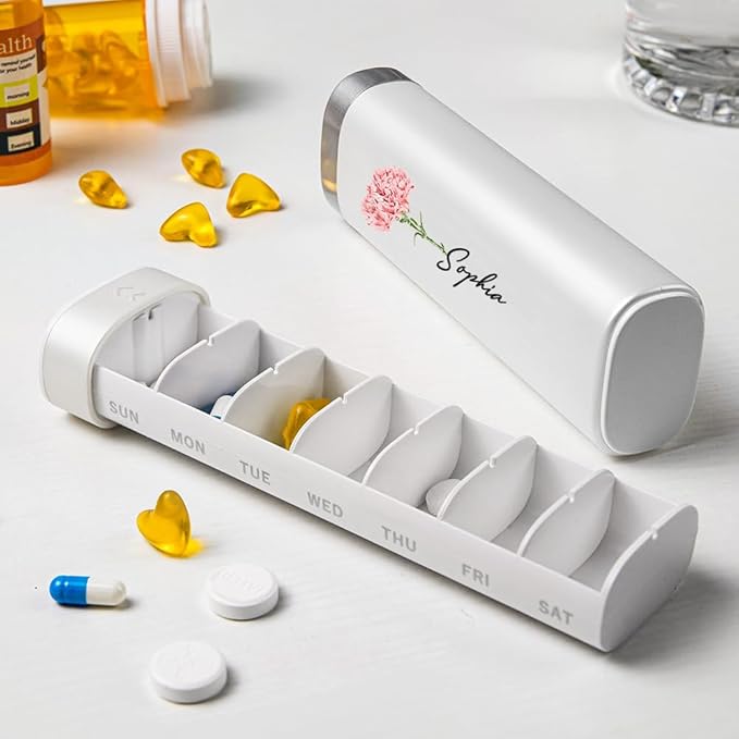 callie Personalized Weekly Pill Organizer - Custom Birth Flower & Name, 7 Day Pill Case Travel Medicine Organizer with Large Compartment for Supplements Pills Vitamins