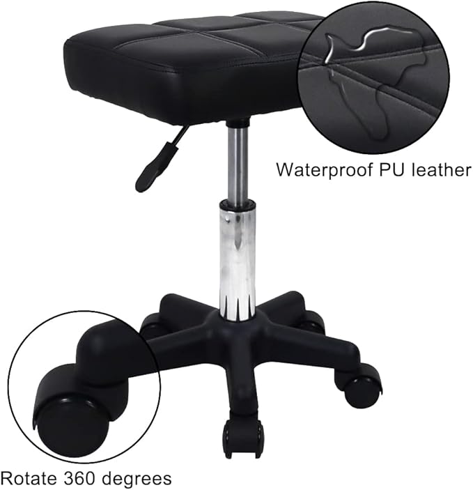 FURWOO Rectangle Rolling Stool with Wheels Height Adjustable Swivel Stool Chair for Spa Salon Massage Black