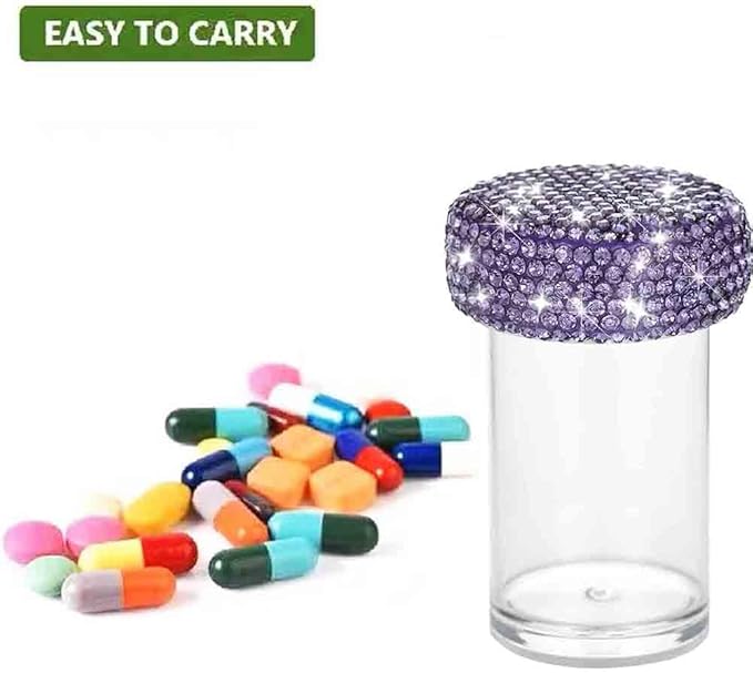 Bling Diamond Portable Waterproof Pill Case Medicine Dispenser Bottle Storage for Outdoor Camping Travel (Purple)