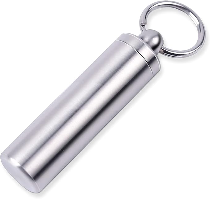Keychain Pill Holder Container,Portable Waterproof Single Chamber Stainless Steel Pill Box,Small Pill Case for Outdoor Travel Camping