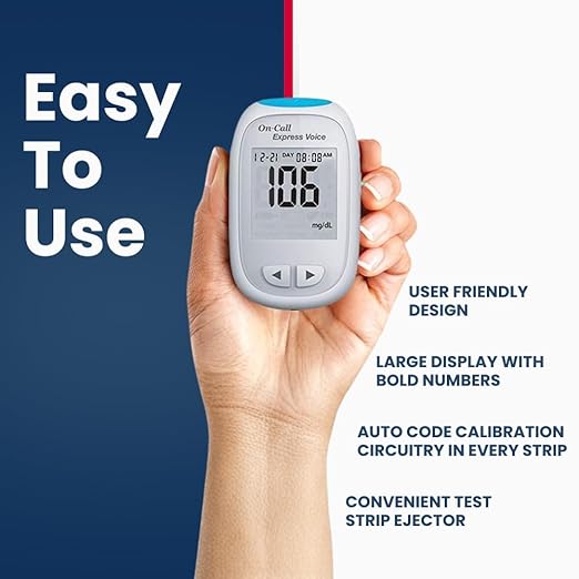 Blood Glucose Monitor Meter by On-Call Express Voice, Bilingual (English/Spanish) Guidance, 300 Test Storage, Large Display, Accurate Diabetic Blood Sugar Results in Seconds, Travel Case