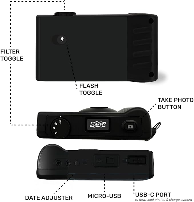 LENSY Screen Free Digital Camera | Four Built in Filters | Rechargeable, 8mp, Lightweight, Focus-Free, Auto-Flash, Easy-to-Use, Reusable, Retro Film-Style Photos (Matte Black)