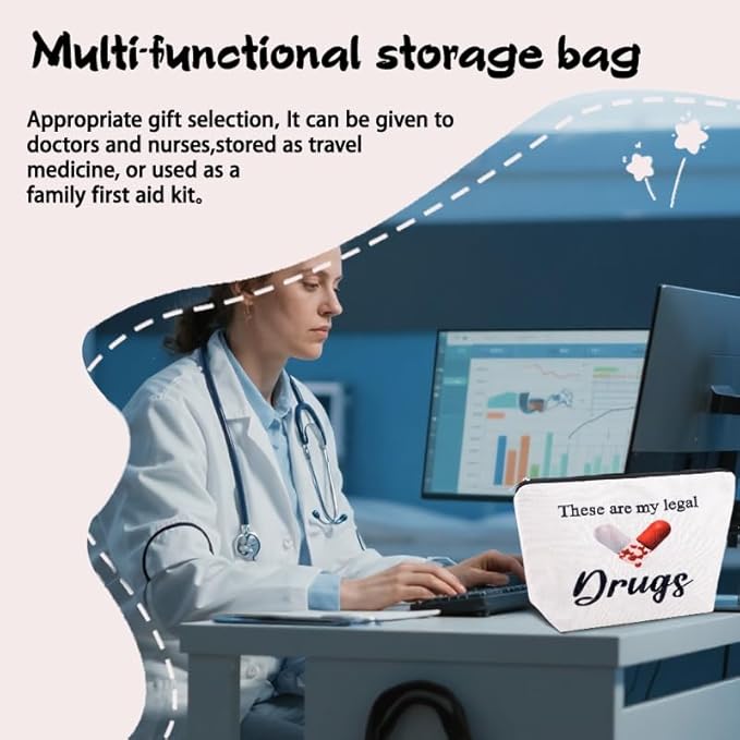 Funny Medicine Make Up Bag for Women Novelty Drug Gag Gift Pouch Fun Small Nurse Christmas Presents Birthday Retirement Gift for Doctor from Patient Zipper Pouches for Medical Supplies Pharmacist Bag